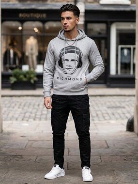 John Richmond Junior Grey Graphic Unisex Hoodie Face Headphones Logo Men XS